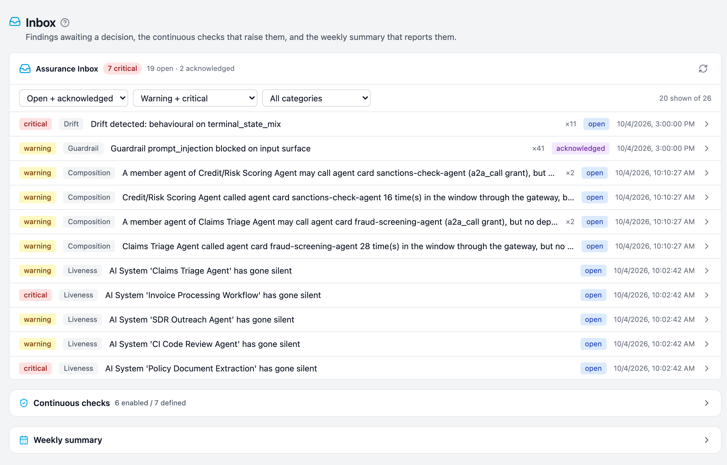 The Brutor Assurance Inbox for the Nordica estate: a critical behavioral drift finding, a guardrail block, composition findings about undeclared agent calls, and five AI Systems gone silent, each with severity, category and status