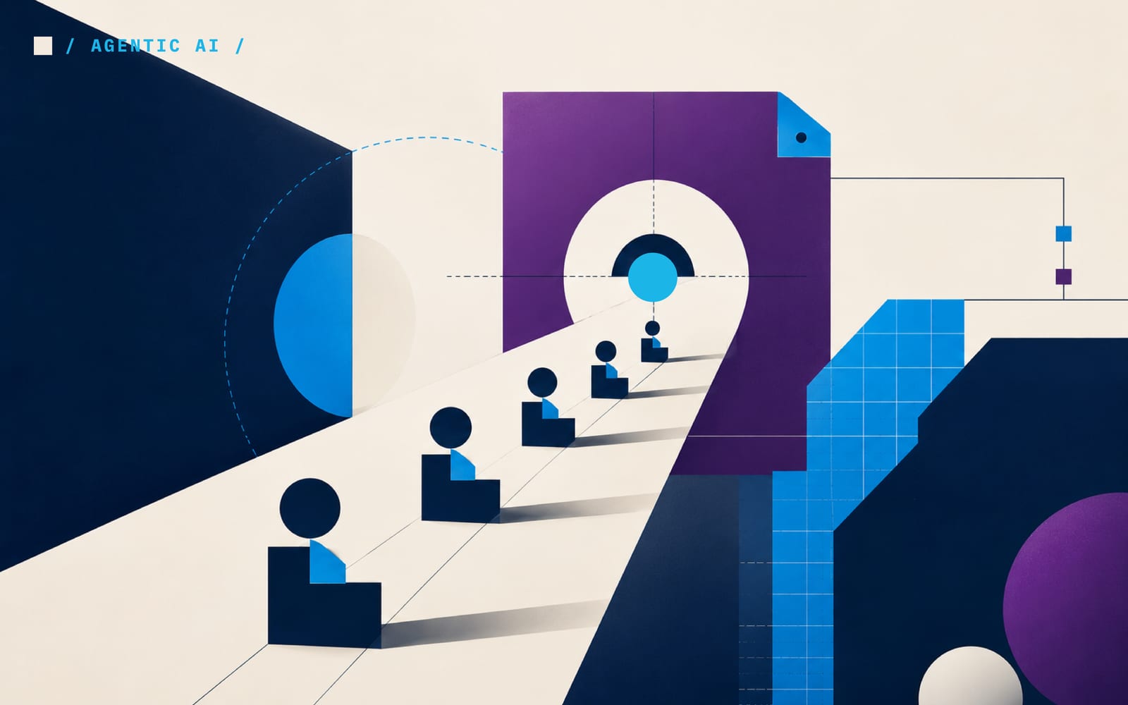 Editorial illustration: a line of small agent figures moving toward a purple gateway with an azure eye, in Brutor ink, azure and purple.