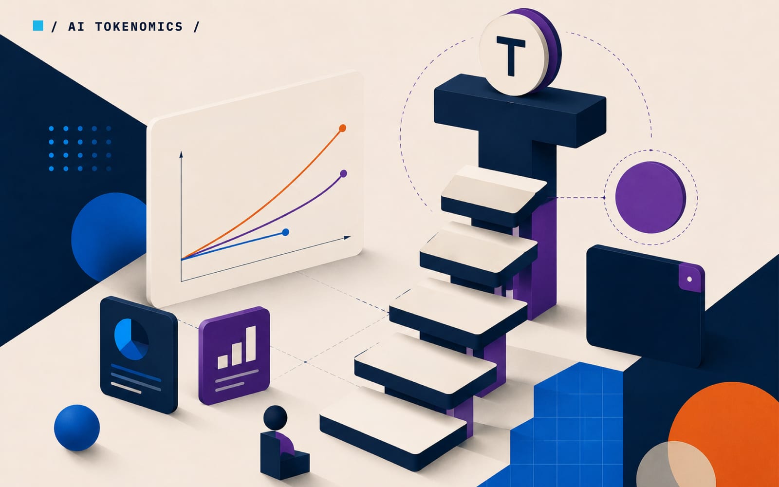 Editorial illustration: a staircase rising to a token marked T beside a chart of three rising cost curves, in Brutor ink, purple, azure and orange.