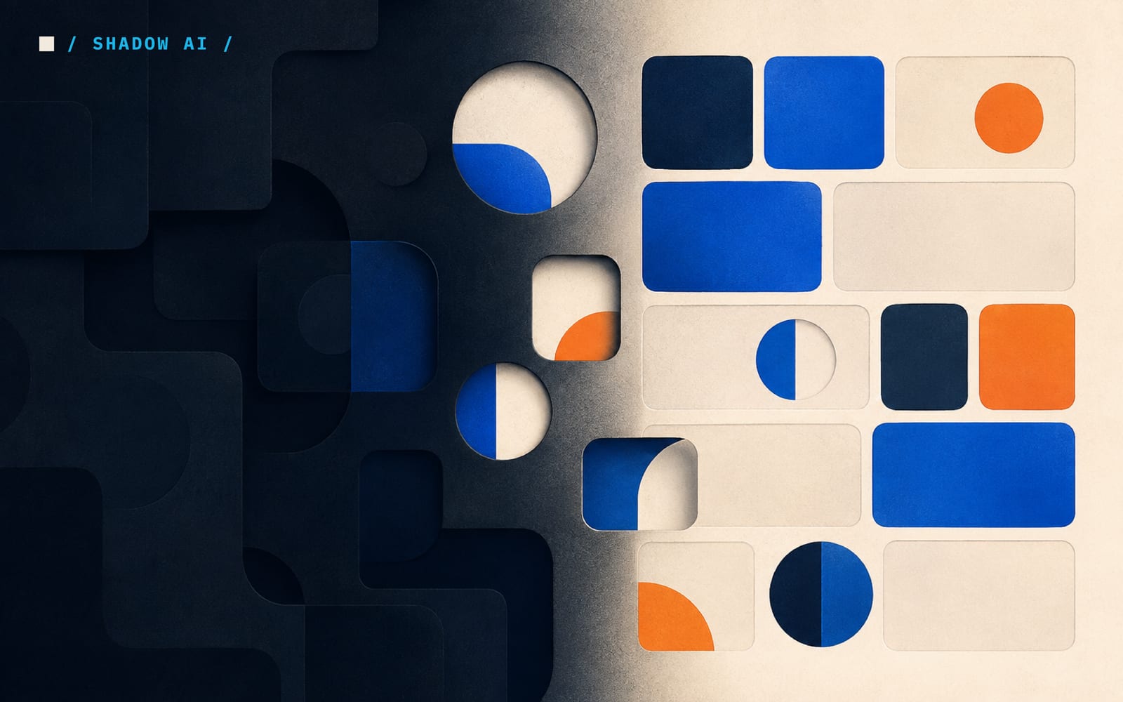 Editorial illustration: shapes emerging from a dark field into ordered tiles on bone paper, in Brutor ink, azure and orange.