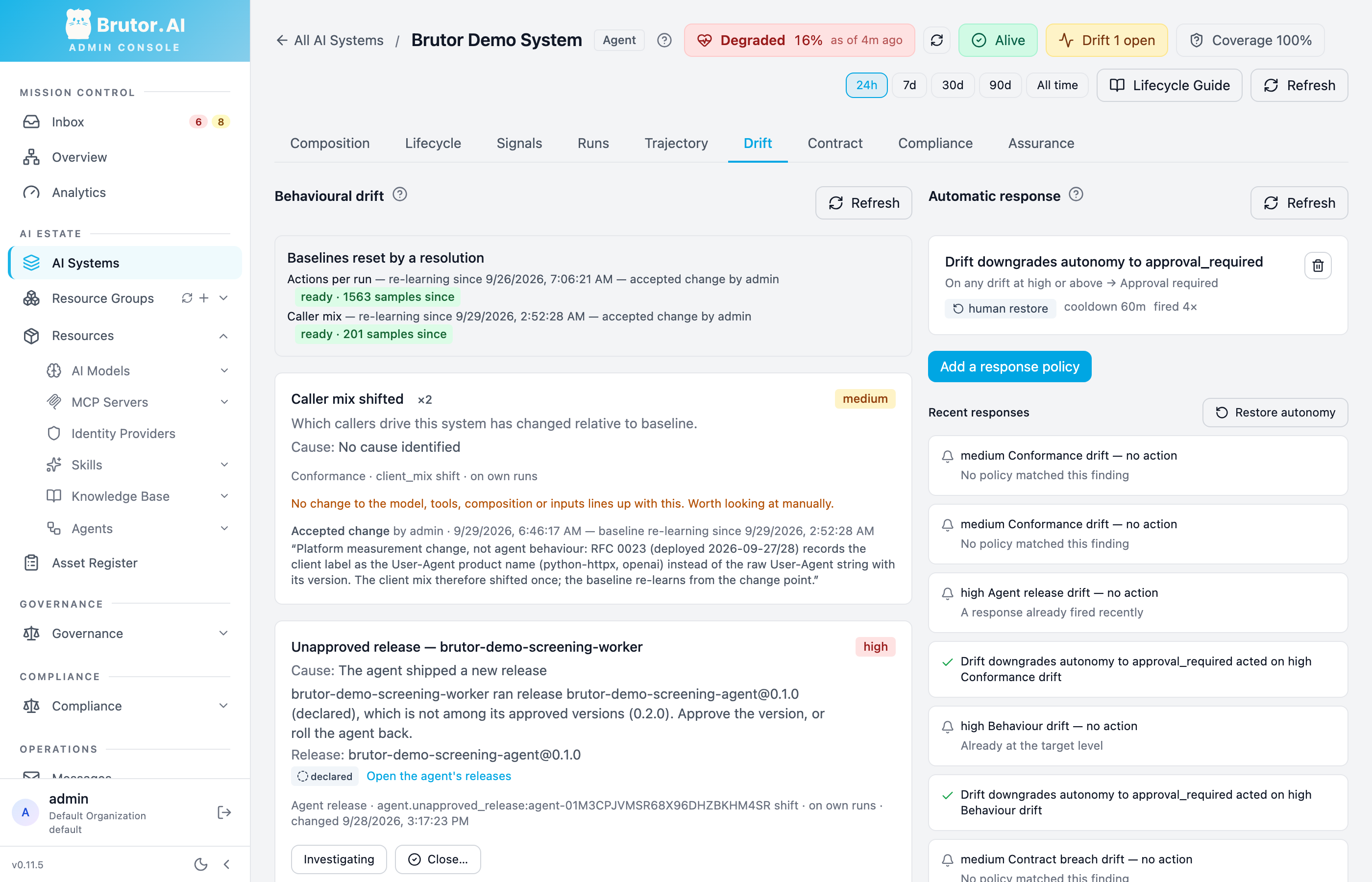 The Drift tab shows an unapproved-release finding for reported version 0.1.0, an earlier caller-mix finding closed with a reason, baseline relearning and a configured autonomy response with a human restore requirement.