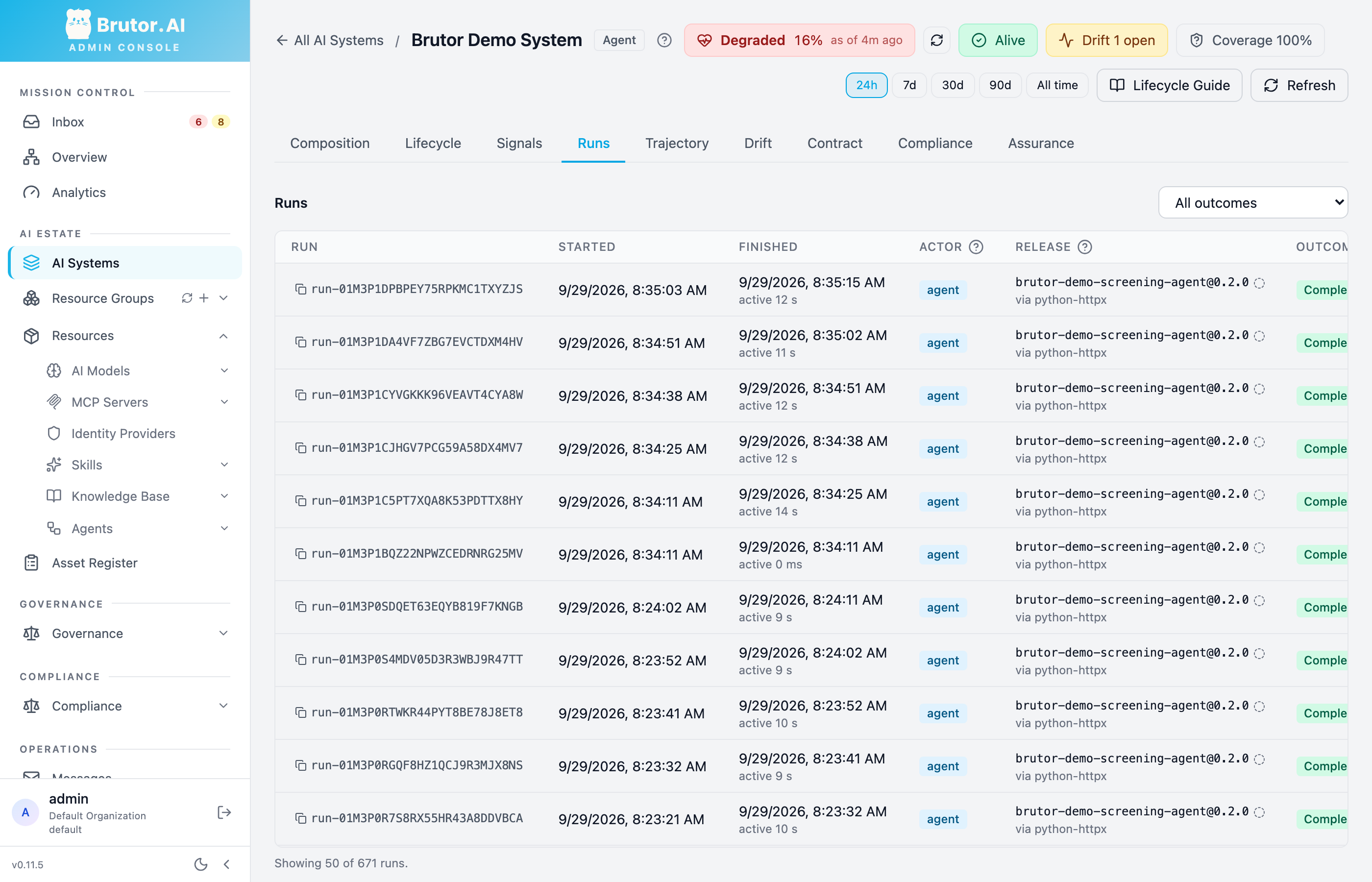 The demo's Runs tab lists 50 of 671 runs in a 24-hour period, with times, actor, reported release and outcome. The visible rows report release brutor-demo-screening-agent@0.2.0.