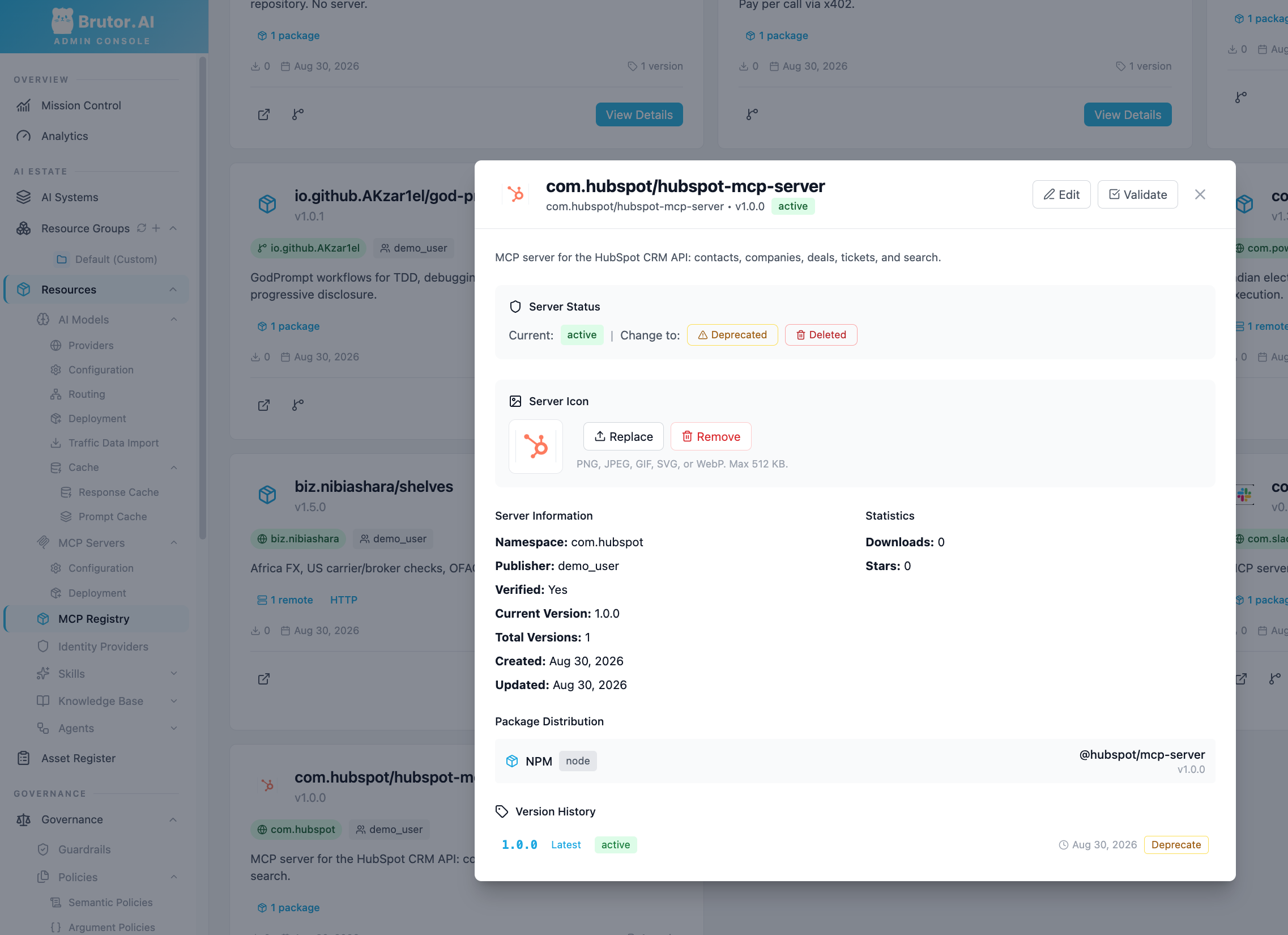The server detail view for com.hubspot/hubspot-mcp-server in the Brutor Admin Console: lifecycle controls to move the server between active, deprecated and deleted, server icon management, server information with namespace, publisher and verification state, package distribution on NPM, and a version history with per-version deprecation.