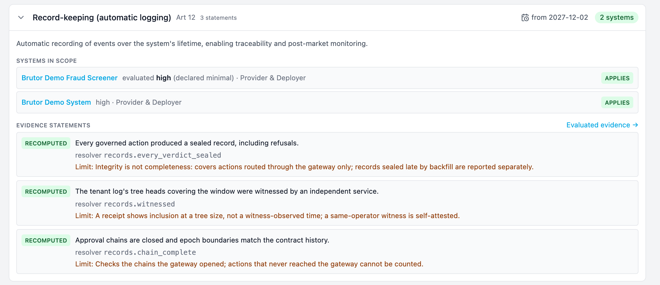 Brutor Admin Console, Compliance, Obligations: EU AI Act Article 12, record-keeping, from 2027-12-02, applying to two systems, with three recomputed evidence statements (every governed action sealed, tree heads witnessed, approval chains closed), each with its resolver and its limit.