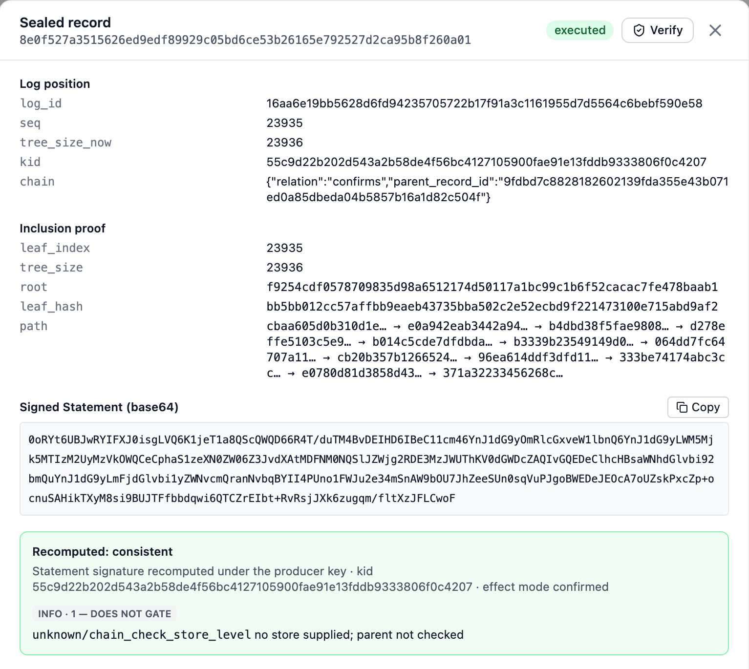 A sealed record opened in the Evidence Ledger: log position, inclusion proof with its audit path, the signed statement in base64 with a Copy button, and the Verify result Recomputed: consistent, signature recomputed under the producer key.