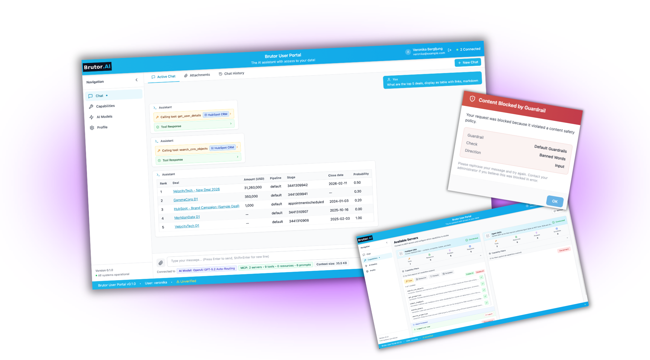 Brutor AI User Portal — AI chat interface with model selector, MCP tools, and enterprise data connections