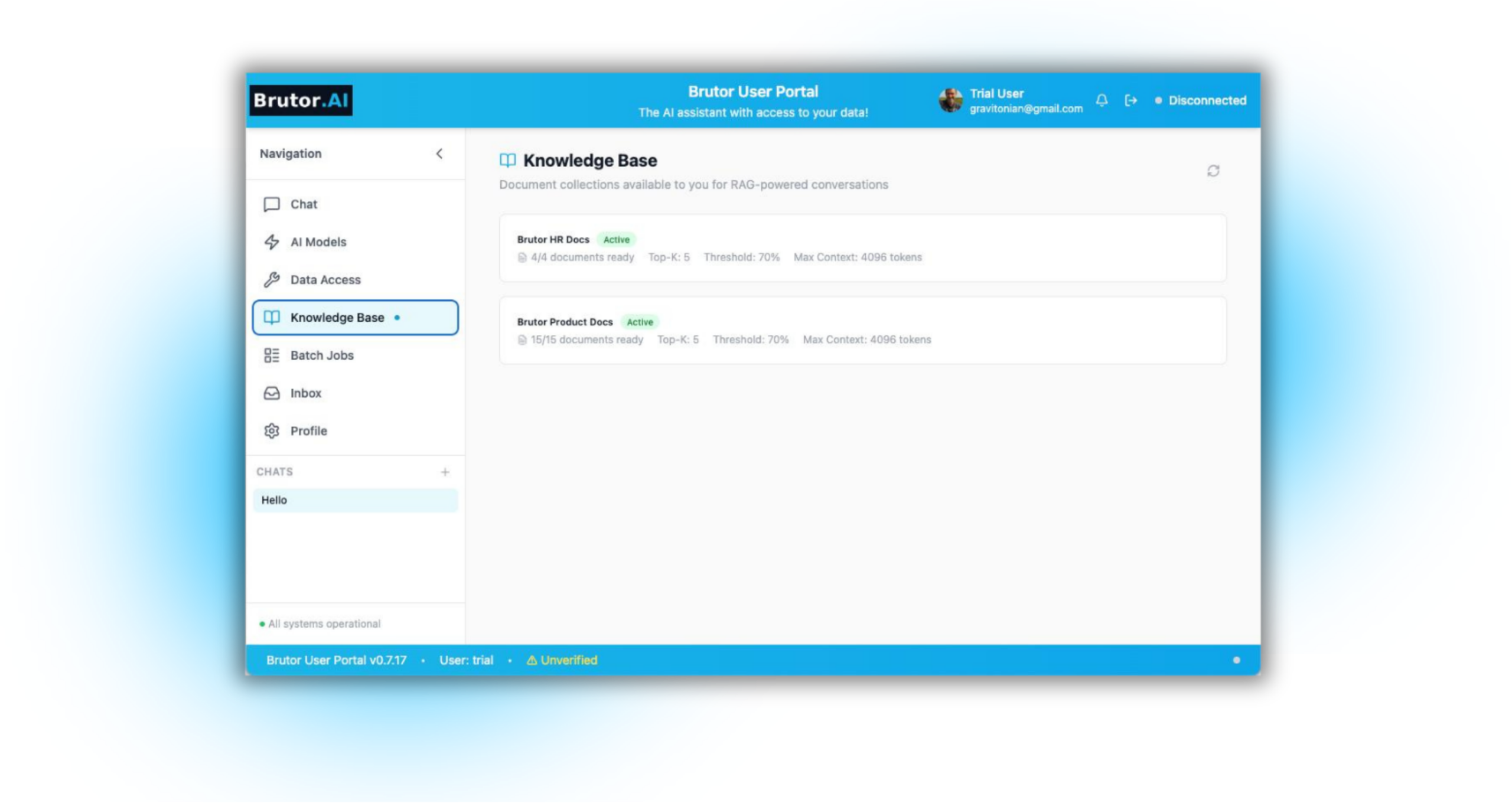 Brutor AI Gateway — Per-group knowledgebase with RAG retrieval, source citations, and audit trail