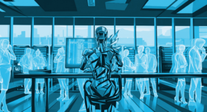 Polygonal AI agent at a glass-walled boardroom with holographic human figures and a server-room backdrop