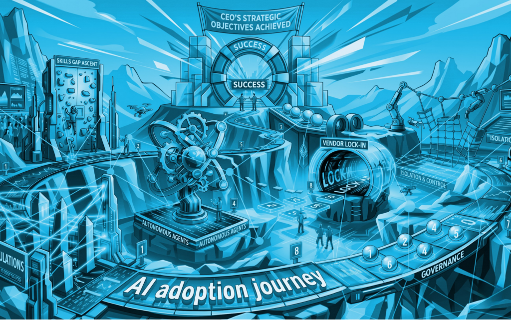 Illustrated landscape of the AI adoption journey — skills gap, autonomous agents, vendor lock-in, governance, success arch