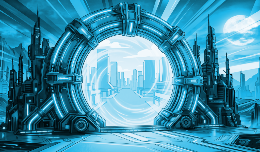 Illustrated futuristic gateway arch with a cityscape visible through the portal