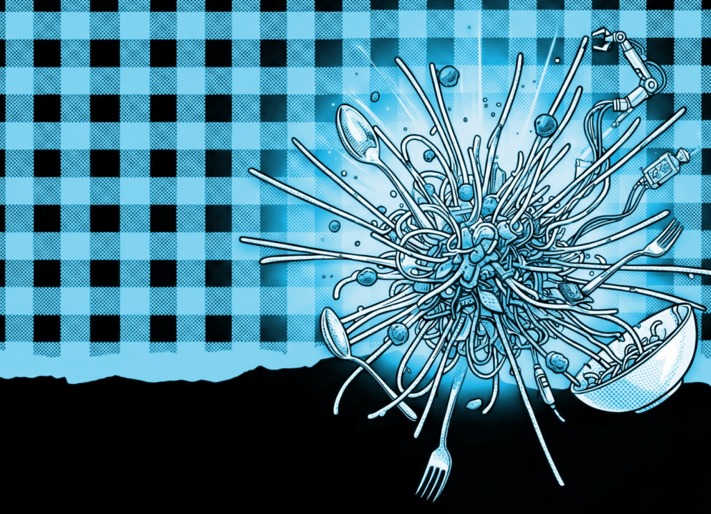 Tangled spaghetti and cutlery exploding from a bowl on a checker pattern, representing tangled tool calls before MCP