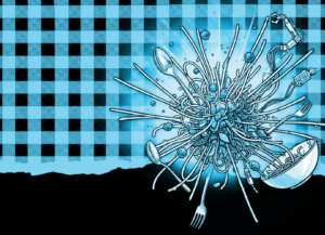 Tangled spaghetti and cutlery exploding from a bowl on a checker pattern, representing tangled tool calls before MCP